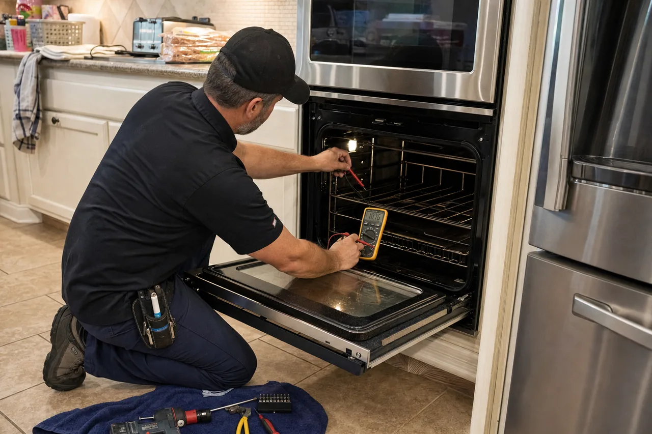 Technician servicing a built-in wall oven